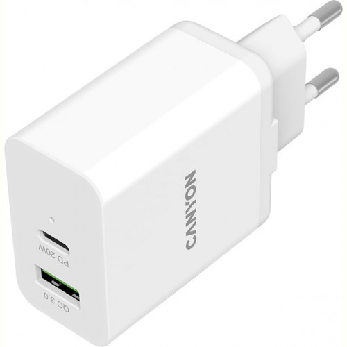 Мережевий зарядний пристрій Canyon H-20-03 (2USB, 3A) PD, QC3.0 White (CNE-CHA20W03)