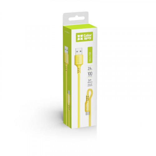 Кабель ColorWay USB-microUSB, soft silicone, 2.4А, 1м, Yellow (CW-CBUM043-Y)