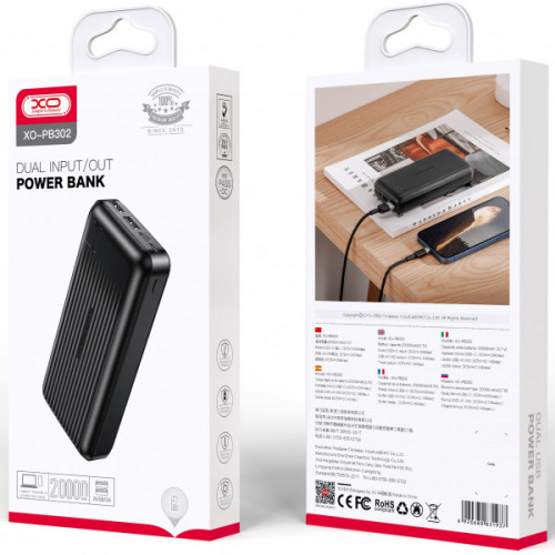 Зовнішній акумулятор (Power Bank) XO PB302 20000 mAh, Black