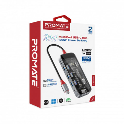 Концентратор USB Type-C Promate TransHub-Go 9 in 1 Grey (transhub-go)