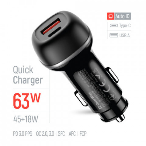 Автомобільний зарядний пристрій ColorWay 2USB (Type-C PD45W + USB QC3.0 18W) 63W Black (CW-CHA067PD-BK)