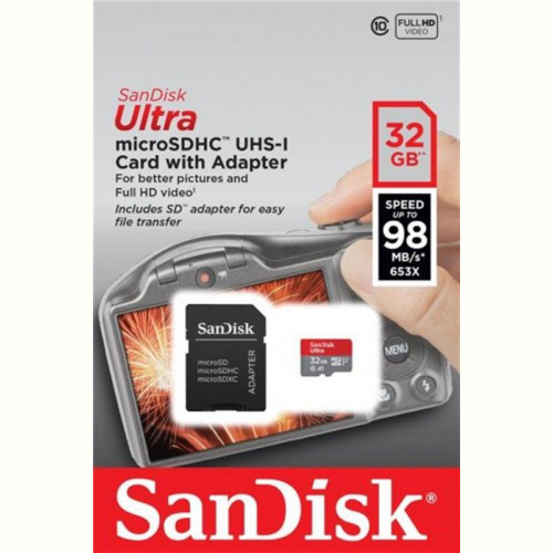 Карта пам`яті MicroSDXC 32GB UHS-I Class 10 SanDisk Ultra R100/W10MB/s + SD-адаптер (SDSQUNR-032G-GN3MA)