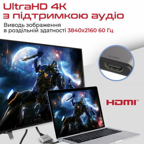 Адаптер Promate MediaLink-H2 USB Type-C - 2xHDMI (M/F) Grey