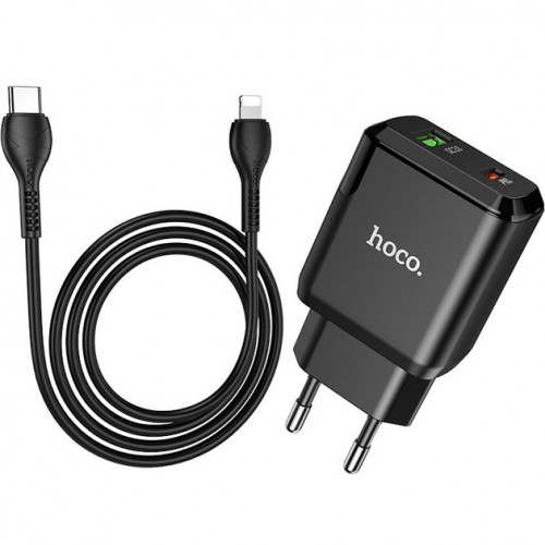 Мережевий зарядний пристрій Hoco N5 (1USB 3A QC3.0 + 1 PD Type-C) Black (S25719) + кабель Lightning