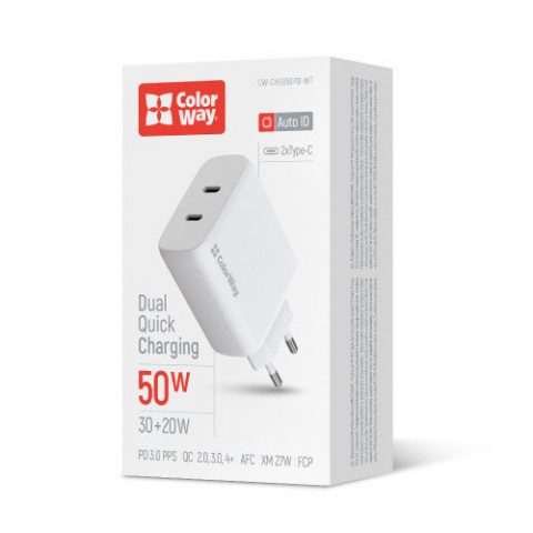 Мережевий зарядний пристрій ColorWay GaN Mini 50W PD Port PPS USB (Type-C PD 30W + Type-C PD 20W) White (CW-CHS050PD-WT)