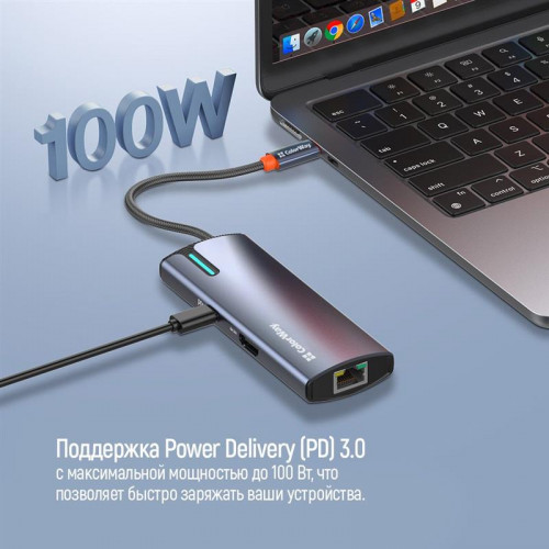 Док-станція СolorWay USB-C 6-в-1 Type C PD 100W/USB3.0х3/HDMI 4К/RJ45 (CW-HUB02)