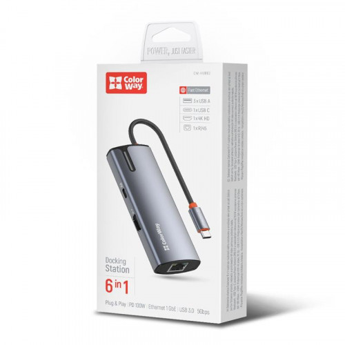 Док-станція СolorWay USB-C 6-в-1 Type C PD 100W/USB3.0х3/HDMI 4К/RJ45 (CW-HUB02)