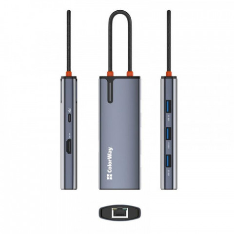 Док-станція СolorWay USB-C 6-в-1 Type C PD 100W/USB3.0х3/HDMI 4К/RJ45 (CW-HUB02)