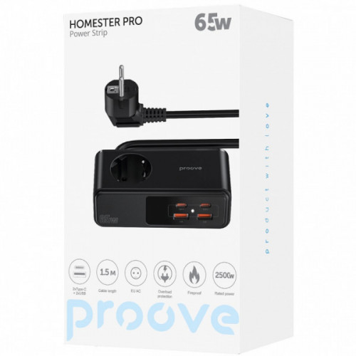 Мережевий фільтр Proove Homester Pro 65W (AC + 2xType-C + 2xUSB) 1.5m black Купити в Україні