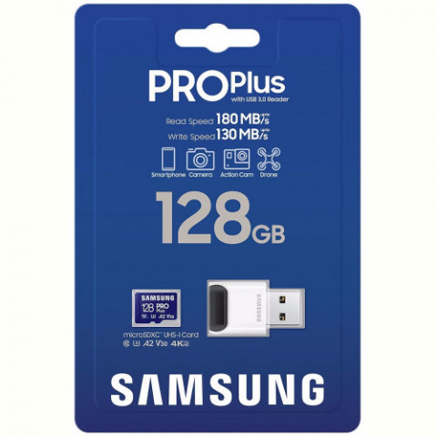 Карта пам`яті MicroSDXC 128GB UHS-I/U3 Samsung Pro Plus R180/W130MB/s + OTG Card reader (MB-MD128SB/WW)