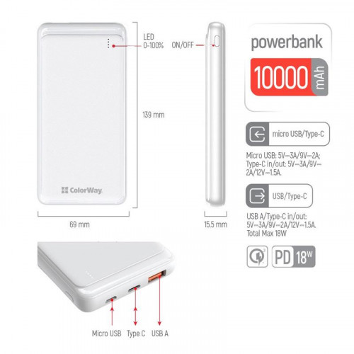 Універсальна мобільна батарея ColorWay Slim PD 10000mAh White (CW-PB100LPG3WT-PD)