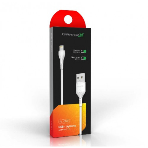 Кабель Grand-X USB-Lightning, 1м, Cu, 2,1A, White (PL01W)