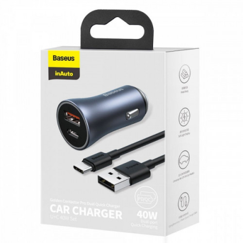 АЗП Baseus Golden Contactor Pro 40W USB + Type-C + Cable Type-C 5A (1m) dark gray Купити в Україні