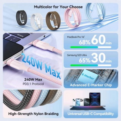 Кабель Vention USB Type-C - USB Type-C (M/M), 240W, 5A, 2 м, Gold (TRIJH)