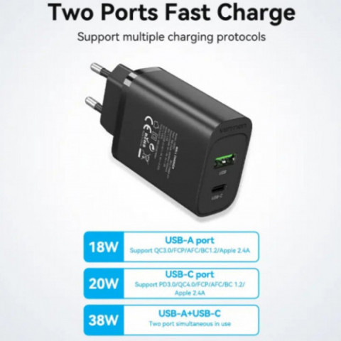 Мережевий зарядний пристрій Vention USB Type A + QC3.0 USB-C + QC4.0 (38W), Black (FBIB0-EU)