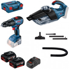 Набір із двох акумуляторних інструментів Bosch Professional 18В дриль-шурупокрут GSB 18V-50 пилосмок GAS 18V-1 швидкий зарядний пристрій GAL 1880 CV акб 2х5А·год кейс L-BOXX