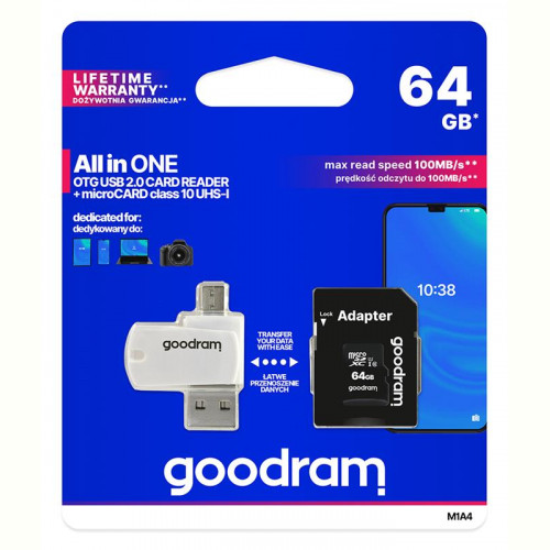 Карта пам`ятi MicroSDXC 64GB UHS-I Class 10 GOODRAM + SD-adapter + OTG Card reader (M1A4-0640R12)