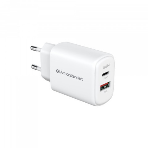 Зарядний пристрій ArmorStandart AR-T202WEU 20W GaN USB-C+ USB-A White (ARM89531)
