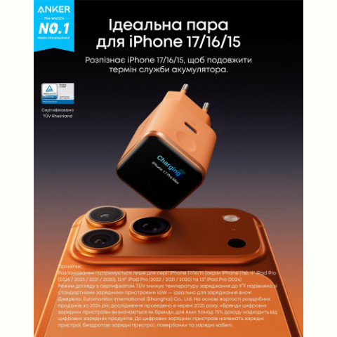 Мережевий зарядний пристрій Anker Nano Charger 45W USB-C Smart Display Orange (A121DGO1)