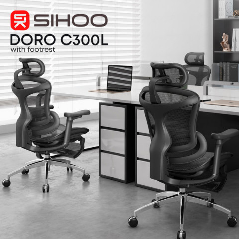 Крісло офісне з підставкою для ніг Sihoo DORO C300L Mesh Black with footrest (DORO-C300L-A3-101-JT) Купити в Україні