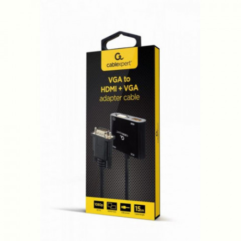 Адаптер Cablexpert VGA - HDMI+VGA (M/F), 0.15 м, Black (A-VGA-HDMI-02)