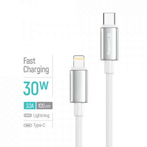 Кабель ColorWay USB Type-C - Lightning (M/M), zinc alloy braided, 3А, 1 м, White (CW-CBPDCL098-WT)