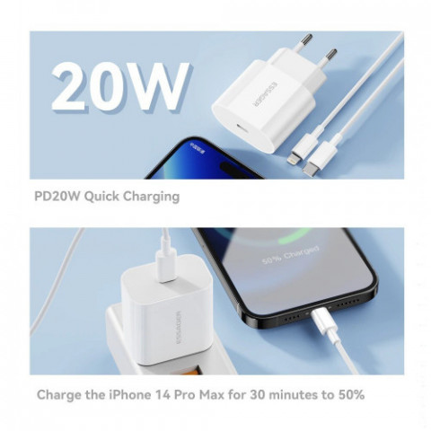 Мережевий зарядний пристрій Essager Vanjane 20W USB-C White (EFJB02-XBL02-T) + кабель Lightning