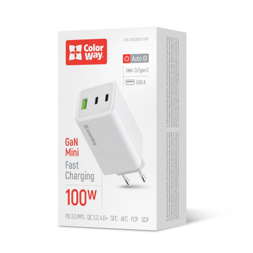 Мережевий зарядний пристрій ColorWay GaN Mini 100W PD Port PPS USB (USB-2C1A) White (CW-CHS061PD-WT)