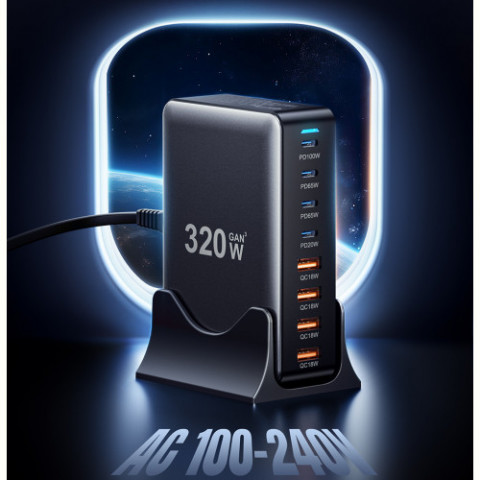 Мережевий зарядний пристрій Essager Engine 320W 4xUSB-C+4xUSB-A Black (EZC320W-QJB0G-Z)