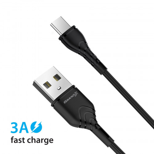 Кабель Grand-X USB-USB Type C, Cu, 3A, 1м, Fast Сharge, Black (PC-03B)