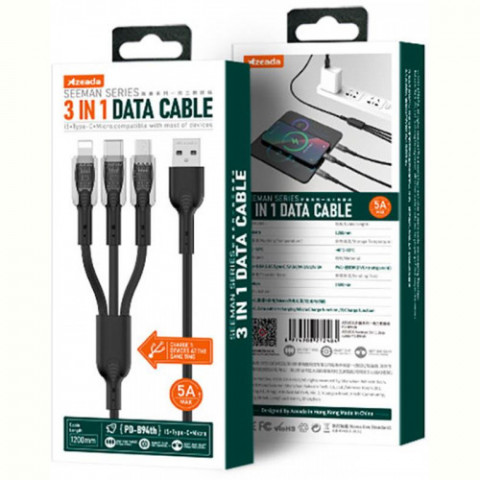 Кабель Proda PD-B94th USB - Lightning/microUSB/USB-C 3A, 1.2м, Black (PD-B94th-BK)