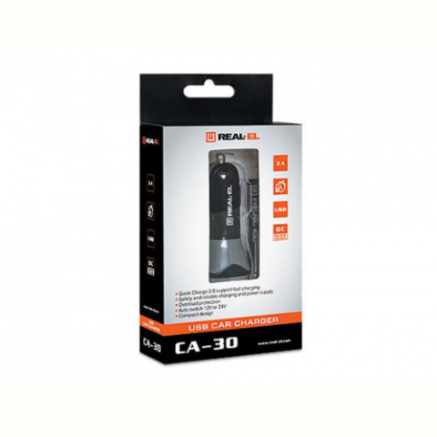 Автомобільний зарядний пристрій REAL-EL CA-30 QC3.0 (1USBx3A) Black/Grey