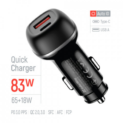 Автомобільний зарядний пристрій ColorWay 2USB (Type-C PD65W + USB QC3.0 18W) 83W Black (CW-CHA068PD-BK)