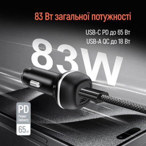 Автомобільний зарядний пристрій ColorWay 2USB (Type-C PD65W + USB QC3.0 18W) 83W Black (CW-CHA068PD-BK)