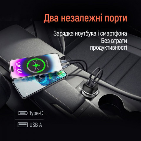 Автомобільний зарядний пристрій ColorWay 2USB (Type-C PD65W + USB QC3.0 18W) 83W Black (CW-CHA068PD-BK)