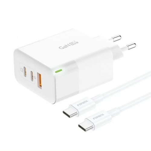 Мережевий зарядний пристрій Foneng USB-A 2xUSB-C GaN 65W White (GAN65) + кабель USB-C