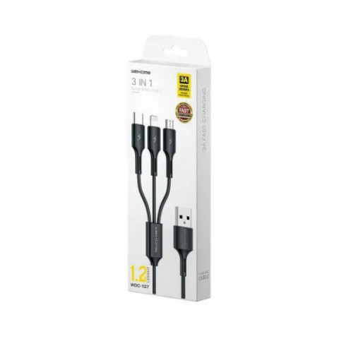 Кабель WK WDC-137 Upine Series 3-in-1 Lightning-МicroUSB-Type-C, 1.2м Black (6941027616284)