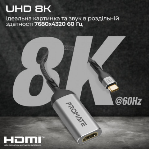 Адаптер Promate MediaLink-8K USB Type-C - HDMI (M/F) Grey