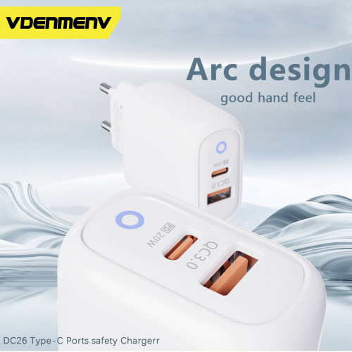 Мережевий зарядний пристрій Denmen DC26 (2USB) PD20W+QC3.0 White (DC26-WH)