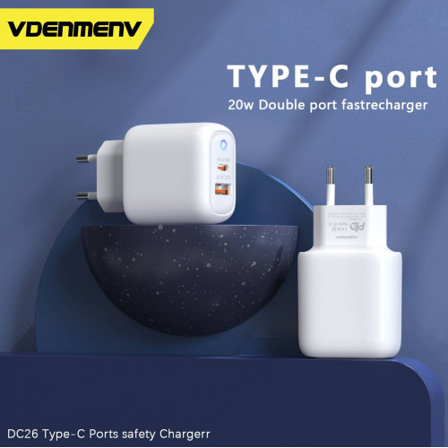 Мережевий зарядний пристрій Denmen DC26 (2USB) PD20W+QC3.0 White (DC26-WH)