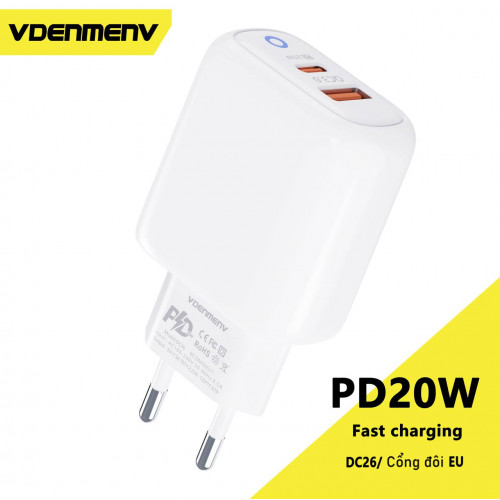 Мережевий зарядний пристрій Denmen DC26 (2USB) PD20W+QC3.0 White (DC26-WH)