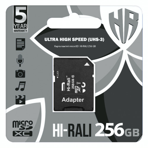 Карта пам`ятi MicroSDXC 256GB UHS-I U3 Class 10 Hi-Rali + SD-adapter (HI-256GBSD10U3-01)