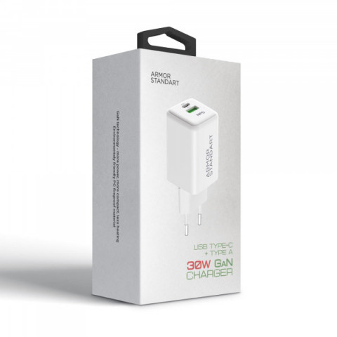 Мережевий зарядний пристрій ArmorStandart AR371 30W GaN Type-C + USB-A White (ARM77549)