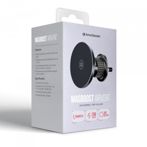 Автотримач магнітний з бездротовою зарядкою ArmorStandart MagBoost Airvent Black (ARM85337)
