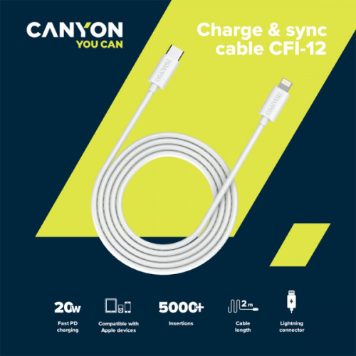 Кабель Lightning Canyon USB-C to Lightning 20W 2m White (CNE-CFI12W)