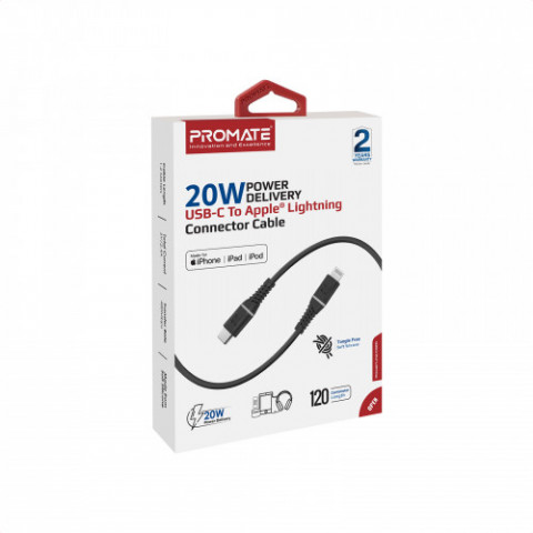 Кабель Promate PowerLine-Ci120 USB Type-C - Lightning (M/M), 2.2 A, 20 W, 1.2 м, Black