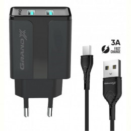 Мережевий зарядний пристрій Grand-X (2xUSB 2.4A) Black (CH-15T)