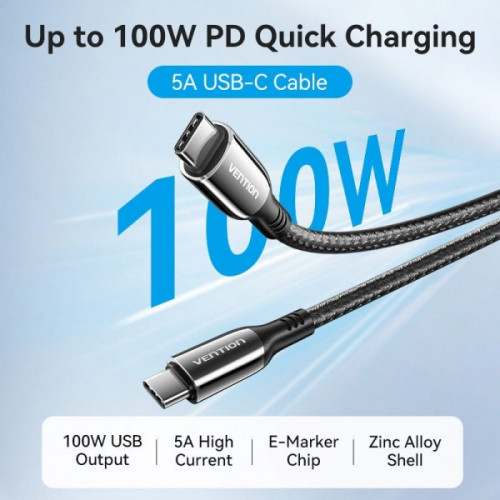 Кабель Vention USB Type-C - USB Type-C (M/M), 100W, 5A, 1.2 м, Black (CTKBAV)