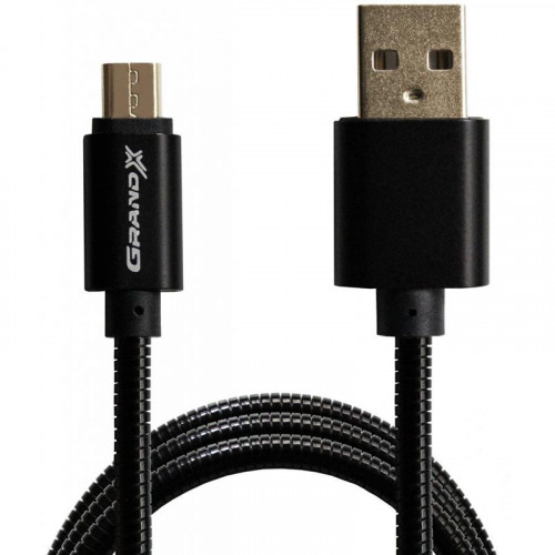 Кабель Grand-X USB-microUSB 2.1A, 1м, CU, захист - метал. оплетення, Black (MM-01B), пакування гіфтбокс з вікном