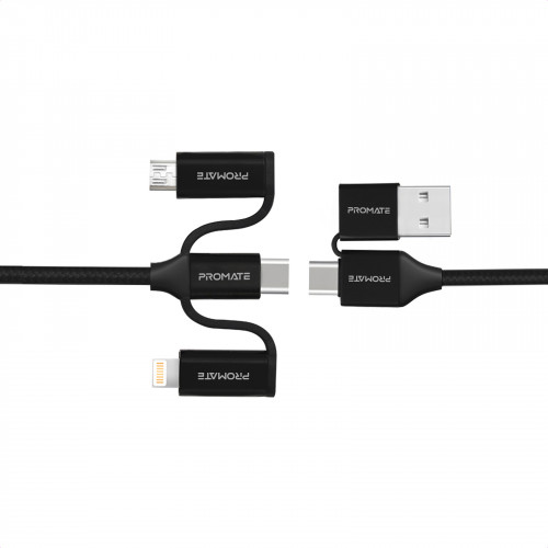 Кабель Promate USB + USB Type-C - Lightning + micro USB + USB Type-C (M/M), 3 A, 60 W, 1.2 м, PentaPower Black (pentapower.black)